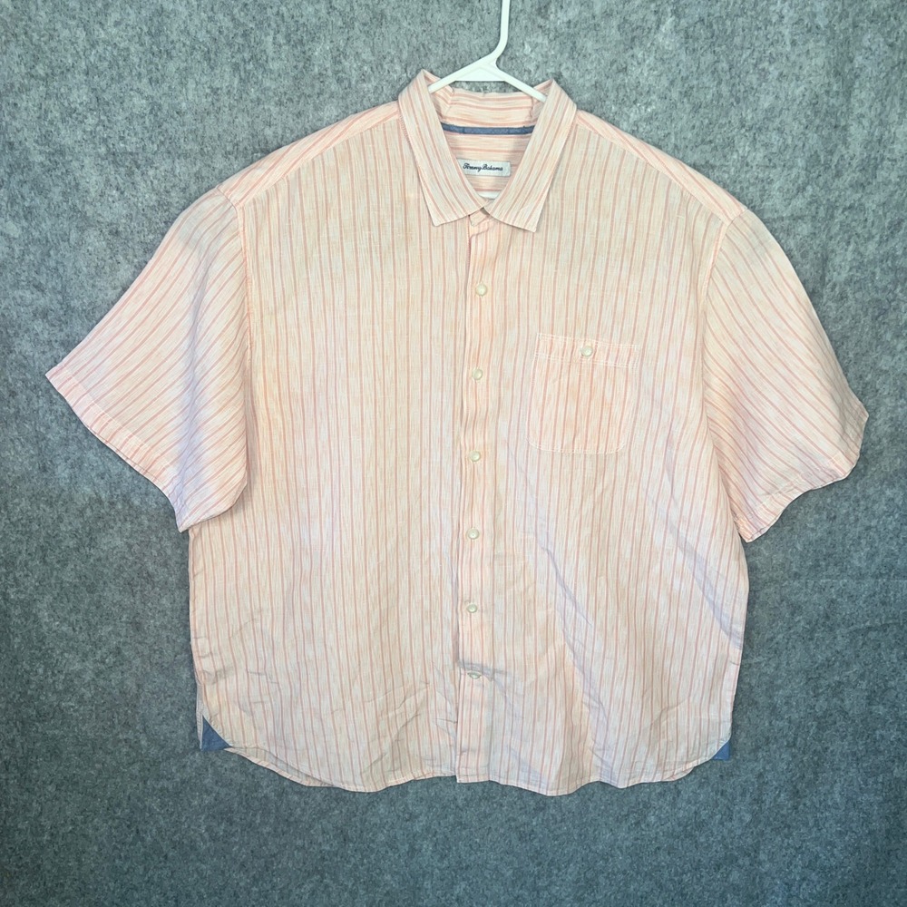 Tommy Bahama Mens 2XLB Striped Linen Tencel Short Sleeve Button Down Shirt Peach